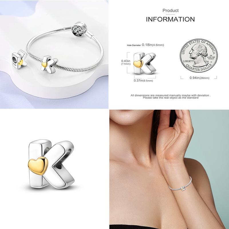 Neuer 26 A-Z Alphabet-Bead S925 Sterlingsilber Herz LOVE Buchstaben-Charm Passend für Original Armband Armreif CZ Zirkonia Bead Schmuck