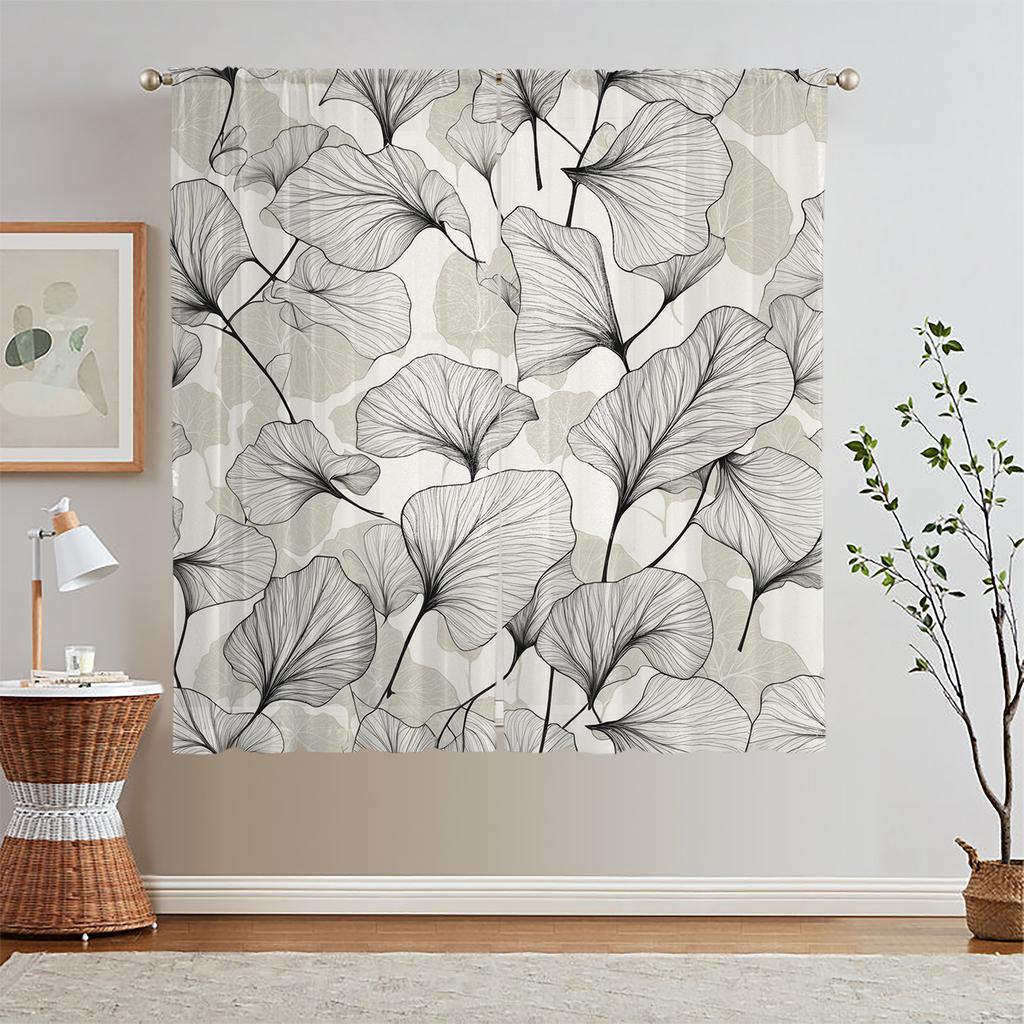 2D Flat, 2Pcs Glam Style Black And White Leaf Pattern Sheer Curtains, 35X90In, Polyester Rod Pocket Window Drapes, Machine Washa