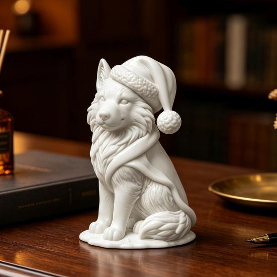 Creative Christmas Gift 3D Printed Wolf Figurine, Cute Animal Statue with Santa Figurine Hat And Scarf for Tabletop, Mantel Shelf Home Office