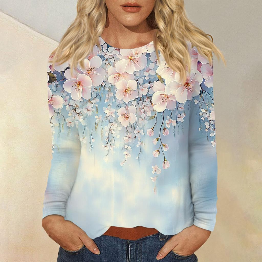 Women's Fashion Casual Round Neck Long Sleeve Printed T-shirt Top
