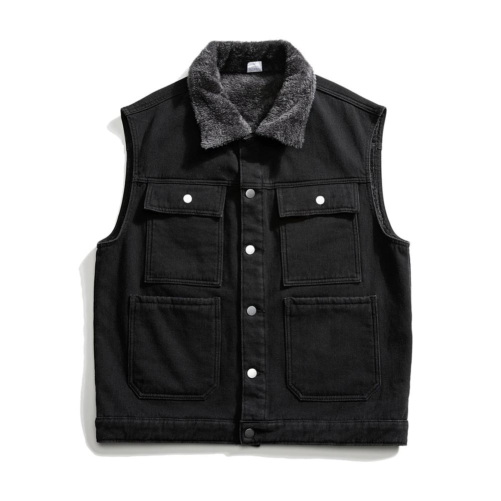 Winter Fleece Denim Vest Men Youthful Vitality Turn Down Collar Solid Color Casual Waistcoat Mens Cotton Warm Sleeveless Jackets
