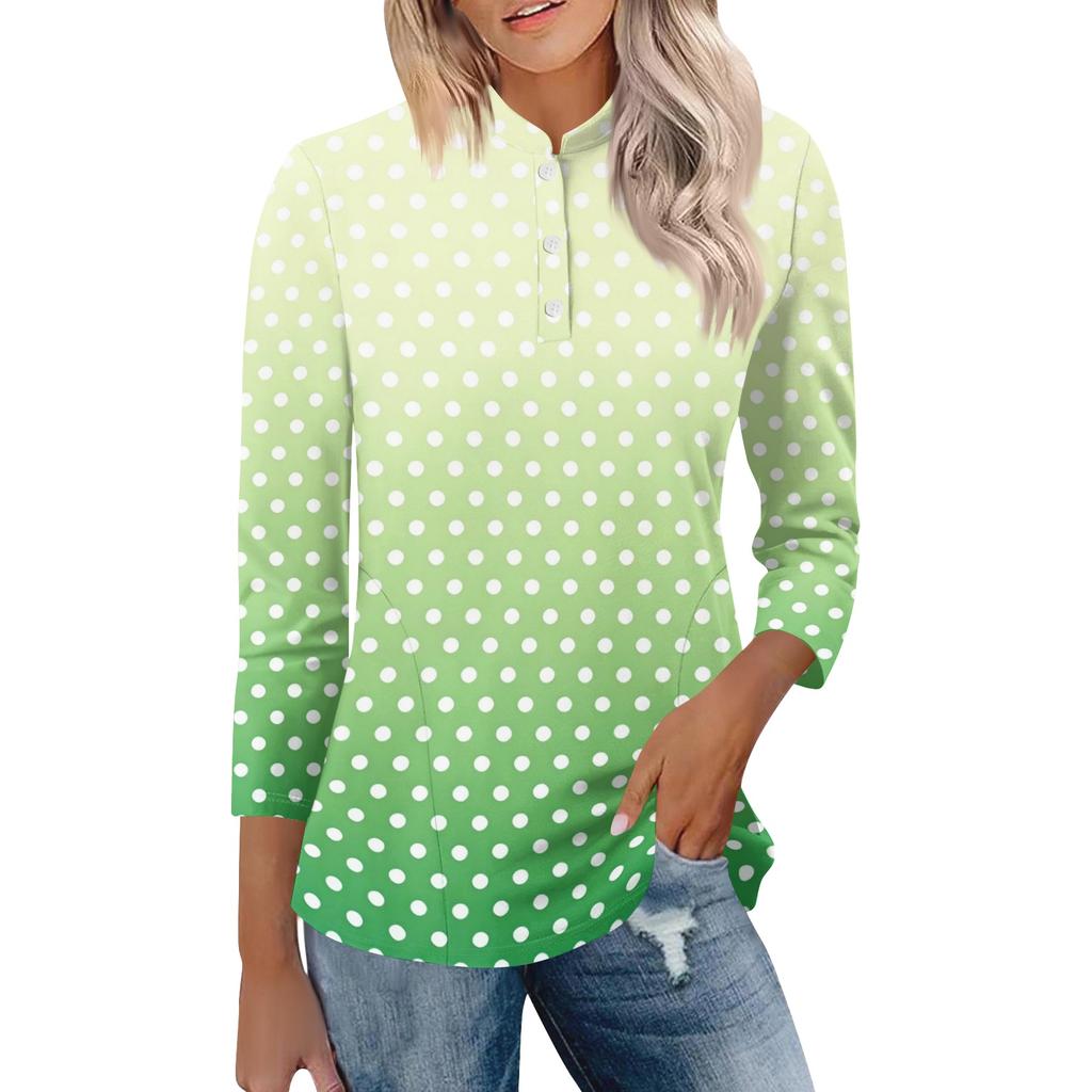 Damen Casual Poloshirt Lockerer Schnitt Dreiviertelarm Oberteil Knopfleiste Pünktchenmuster Leichter Bequemer Stoff