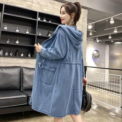 Spring Autumn Plus Size Medium Length Loose Women's Hooded Loose Comfortable Casual Long Sleeved Denim Jacket