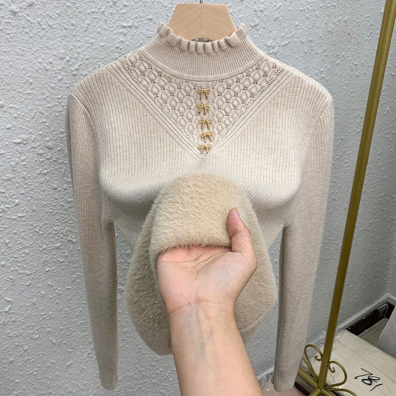 

One-piece Fleece Semi-high-neck Sweater Women s Fleece Thickened Pullover Solid Color Long-sleeved Casual Knitted Sweater for Autumn and Winter XL