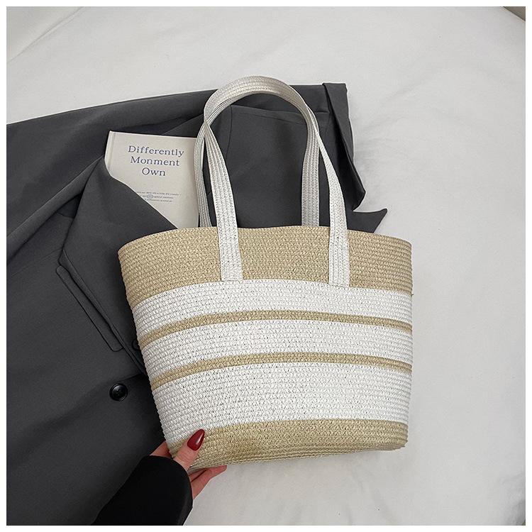 Striped large-capacity straw bag women's new summer woven shoulder bag seaside vacation beach bag