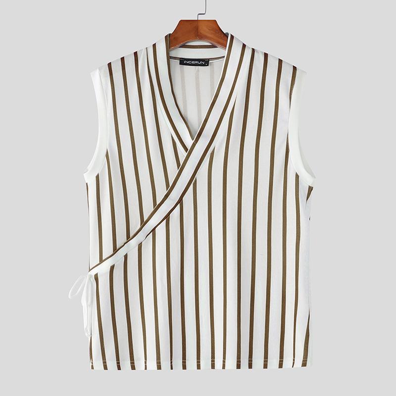 INCERUN Letní pánská tílka s výstřihem do V, bez rukávů, se šněrováním na boku, s pruhovaným potiskem, ležérní