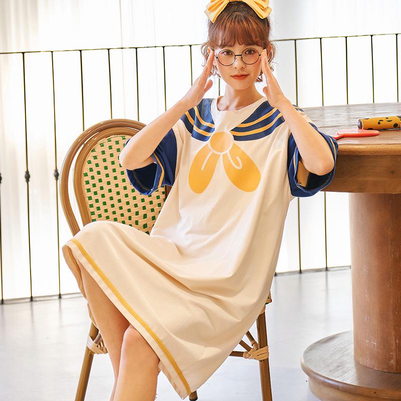 

Милая хлопковая летняя ночная рубашка с рисунком для женщин – свободный крой, короткий рукав, корейский стиль, юбка средней длины XL