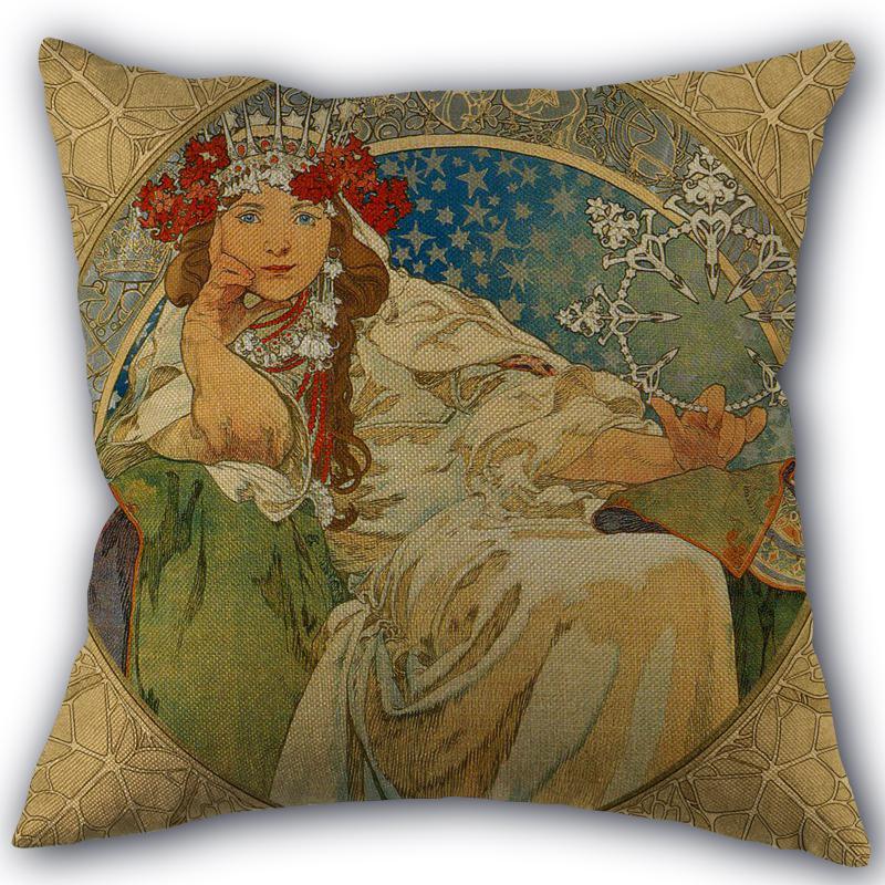 Custom Alphonse Mucha Art Pillowcase Cotton Linen Fabric Square Zipper Pillowcase 45X45 Wedding Decorative Pillow Cover