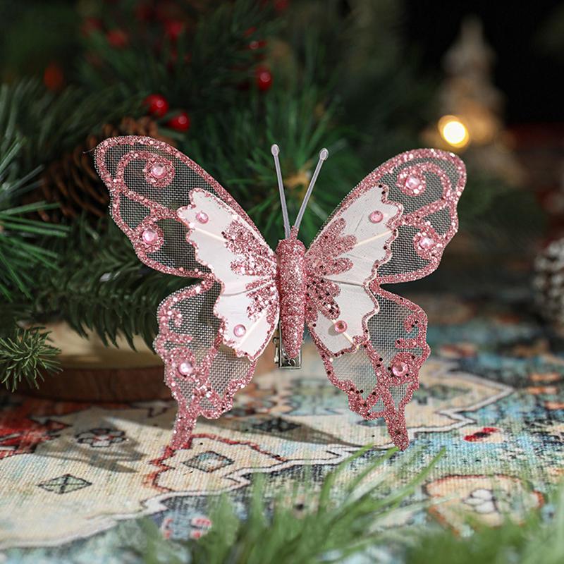 3pcs/set Large Christmas Glitter Butterfly Ornament With Clip Butterfly Xmas Decor Christmas Tree Decor Gold Powder