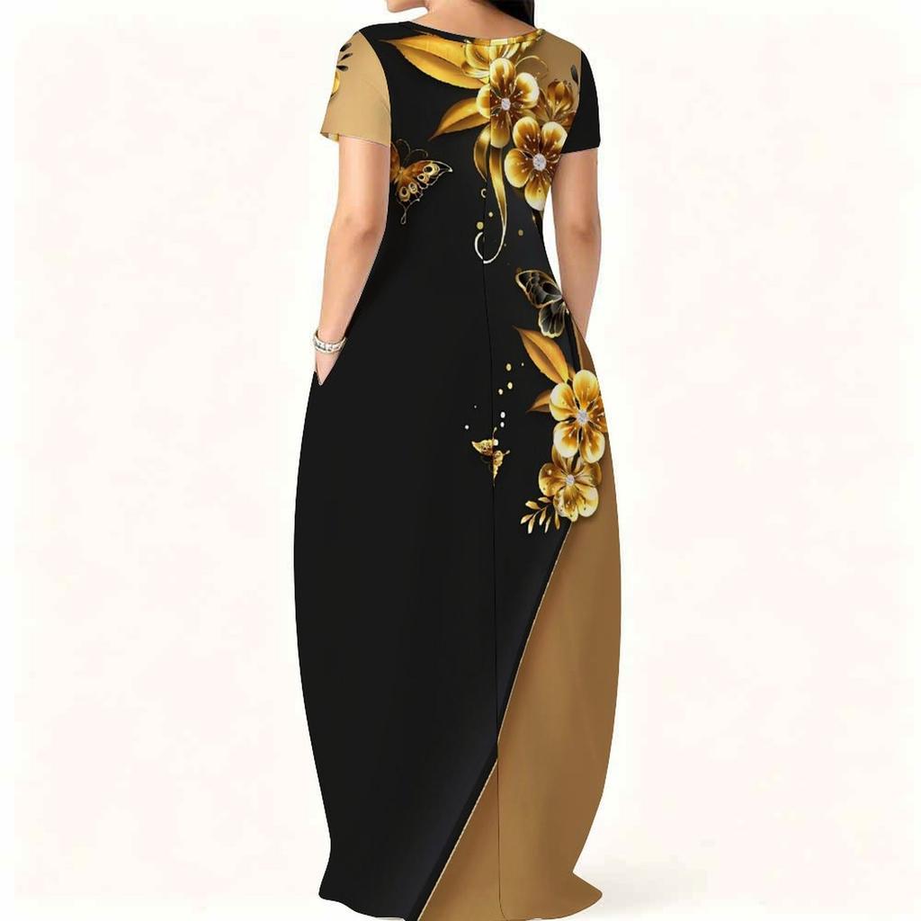 Summer Crew Neck Short Sleeve Loose Dress For Plus Size Women Household Wear