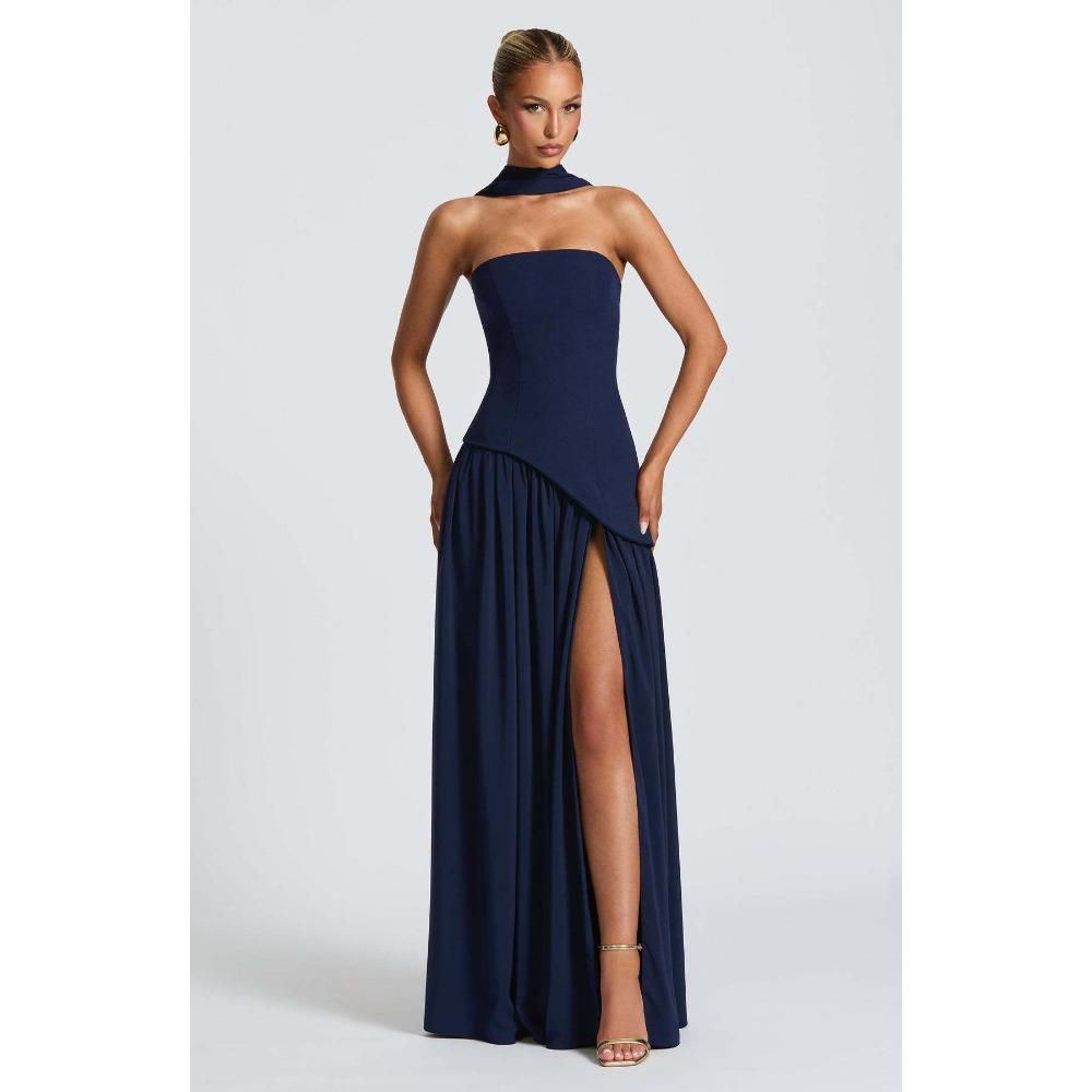 Women's Tube Top Solid Color Split Dress Fashionable and Sexy Halter High Split Dress