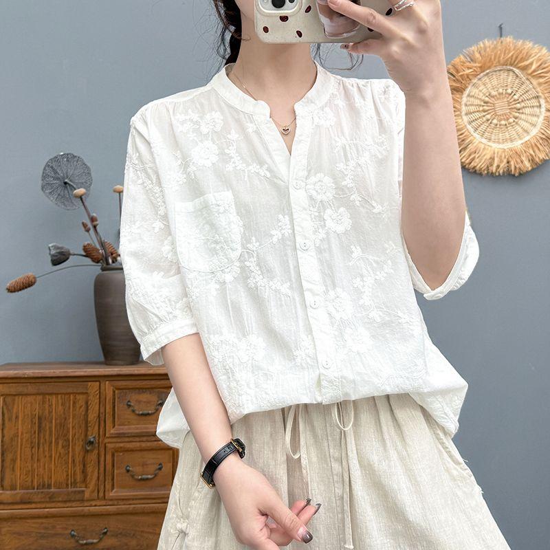 

Summer New Cotton Embroidered Half Sleeve Women s Shirt Loose All-Match Casual Slimming Bottoming Shirt Top