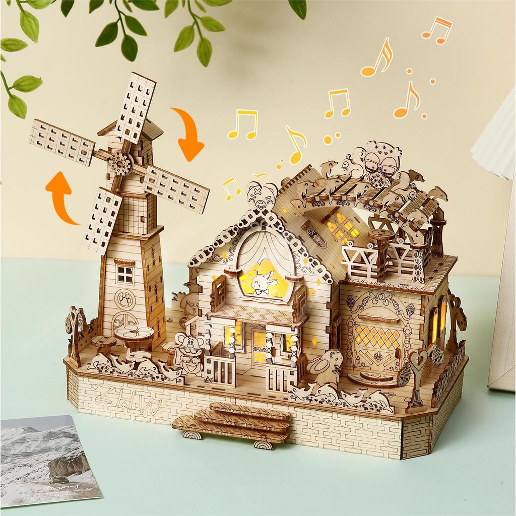Hallisun 3D Wooden Cute Forest with LED Music Miniature Rotating Assembly Gift for Adults 14 and 174 Pieces Puzzle, Animals, Party, Lights, Box,