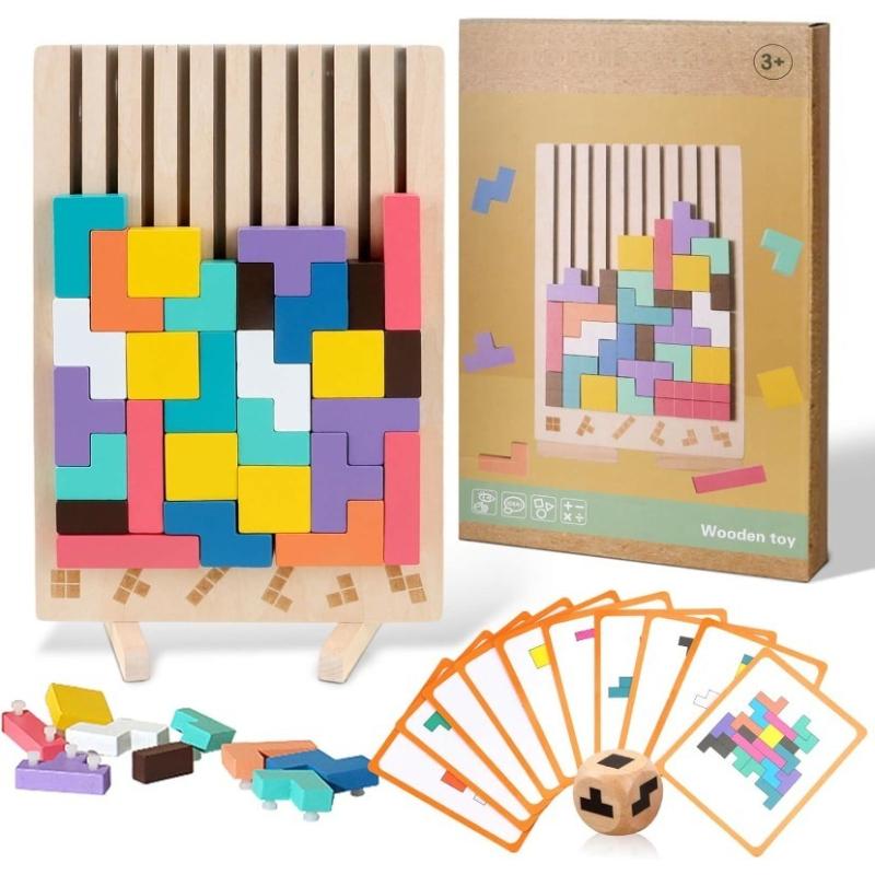 

Wooden Stacking Puzzles Tetris - Brain Teasers 3D Russian Blocks Board STEM Montessori Toys for Ages 3-12 Gift for Toddlers