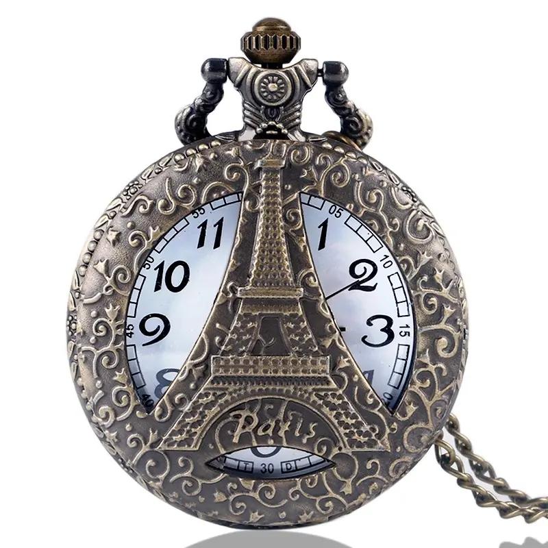 

Vintage Paris Eiffel Tower Notre Dame Design Quartz Pocket Watch LE LOUVRE Necklace Pendant Art Souvenir Clock for Men Women