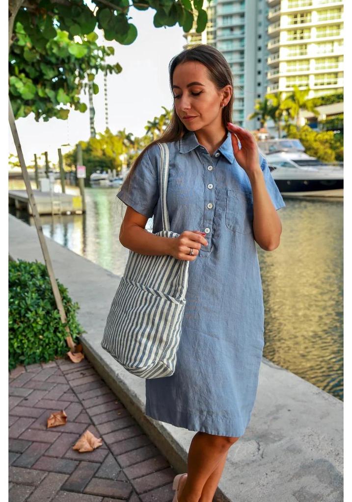 2022 European & American Style Cotton Linen Shirt Dress with Pockets and Buttons