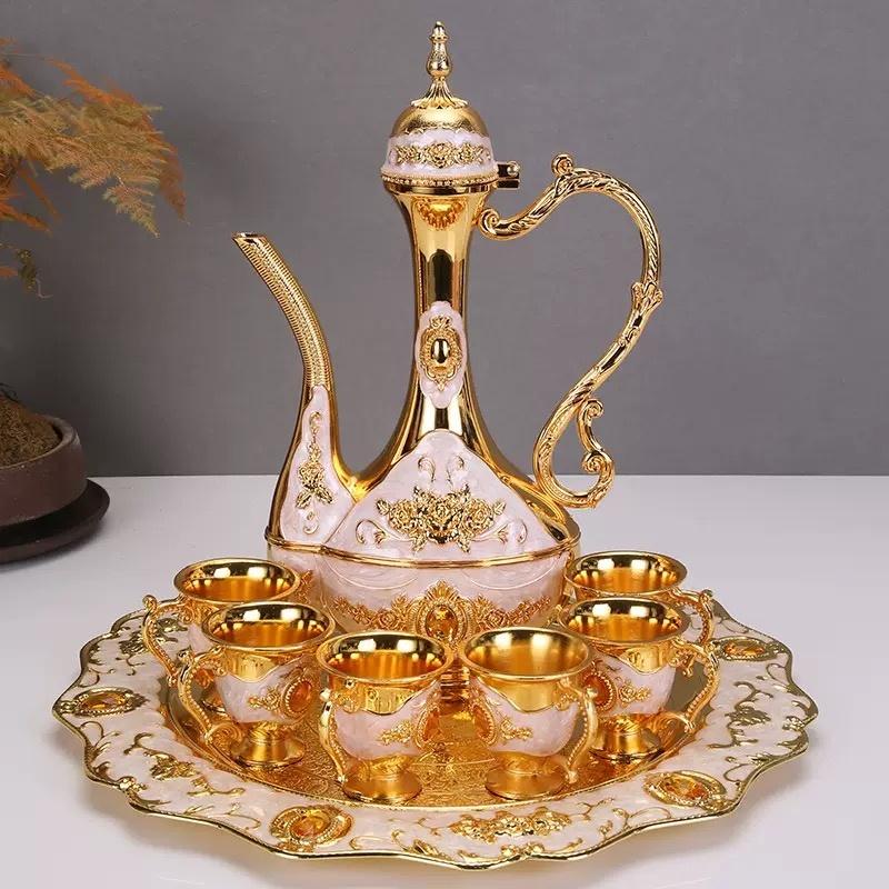 Exquisite Vintage Wine Glass, Alloy Home Wine Pot Wine Glass Set, European Wine Set, Wine Pot Home Living Room Decoration, 1Set