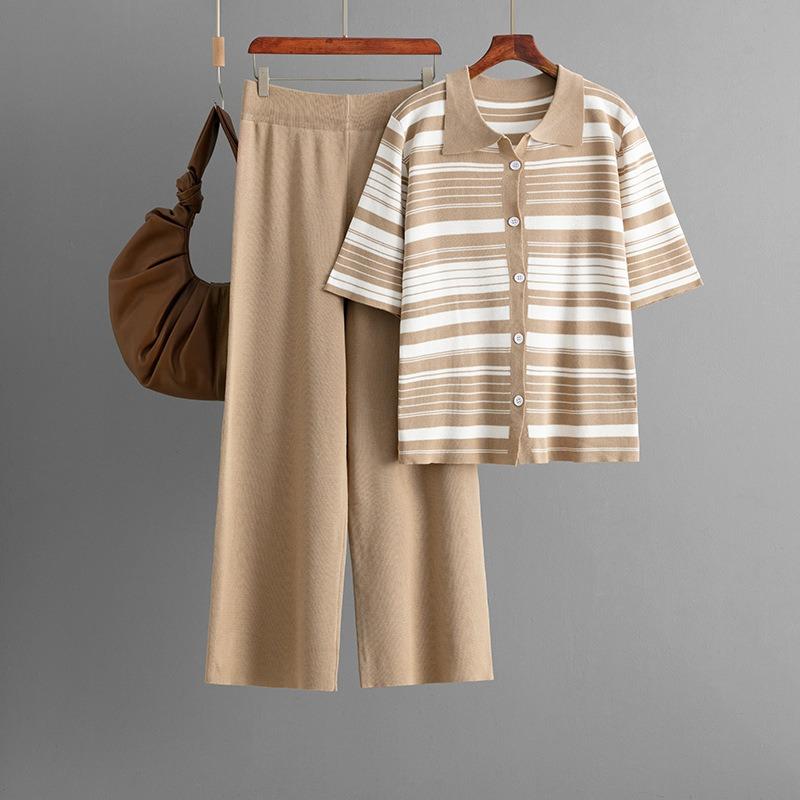Fashion Knitted Suit Women's Summer New Striped Loose Short-sleeved Top + Casual Pants Two-piece Set