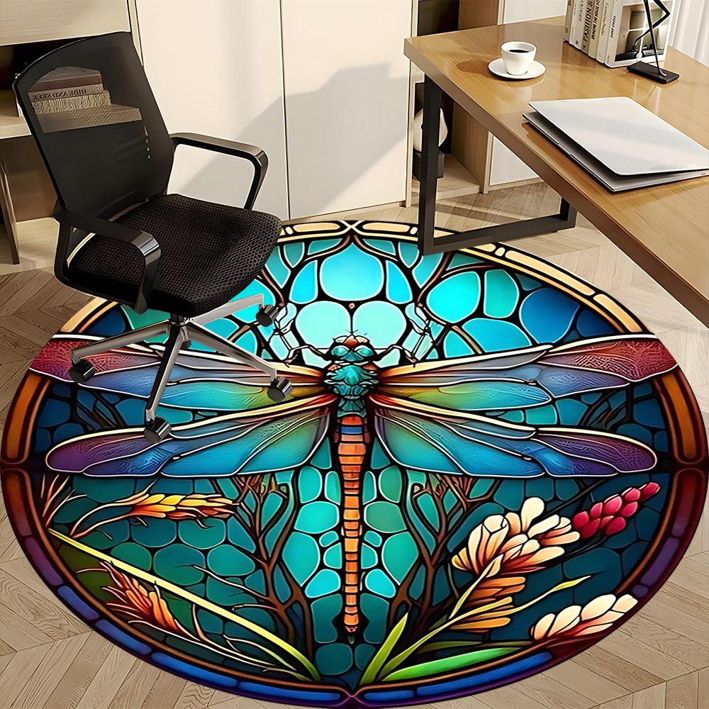 1PC Dragonfly StainedGlass Office Round Area Rug, Mat Suitable ForOffice, Under Office Chairs Bedroom Living Room Home Decor, Room Deco