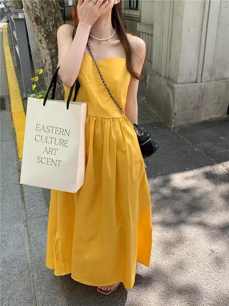 Yellow Spaghetti Strap Beach Vacation Dress: Women's Ruched Waist Slimming Backless A-line Long Dress