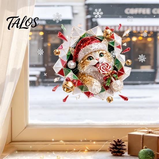 No Residue Wall Stickers 2Pcs Stained Glass Style Christmas Window Clings, Double‑Sided Printed Xmas Static Decals, Snowman Santa Reindeer