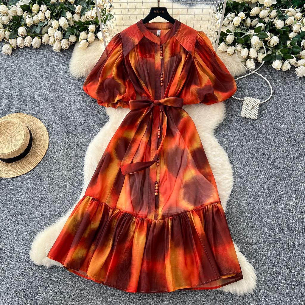Light luxury European and American style high-end printing bubble sleeve dress women's summer strap waist royal sister temperament big swing dress