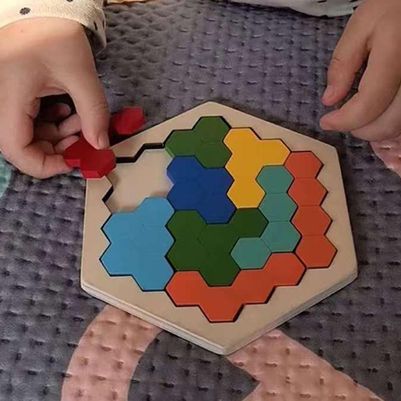 Honeycomb Hexagon Tangram Wooden Geometric Puzzles Challenge Brain Teaser IQ Logic Training Kids Montessori Edcuational Toys