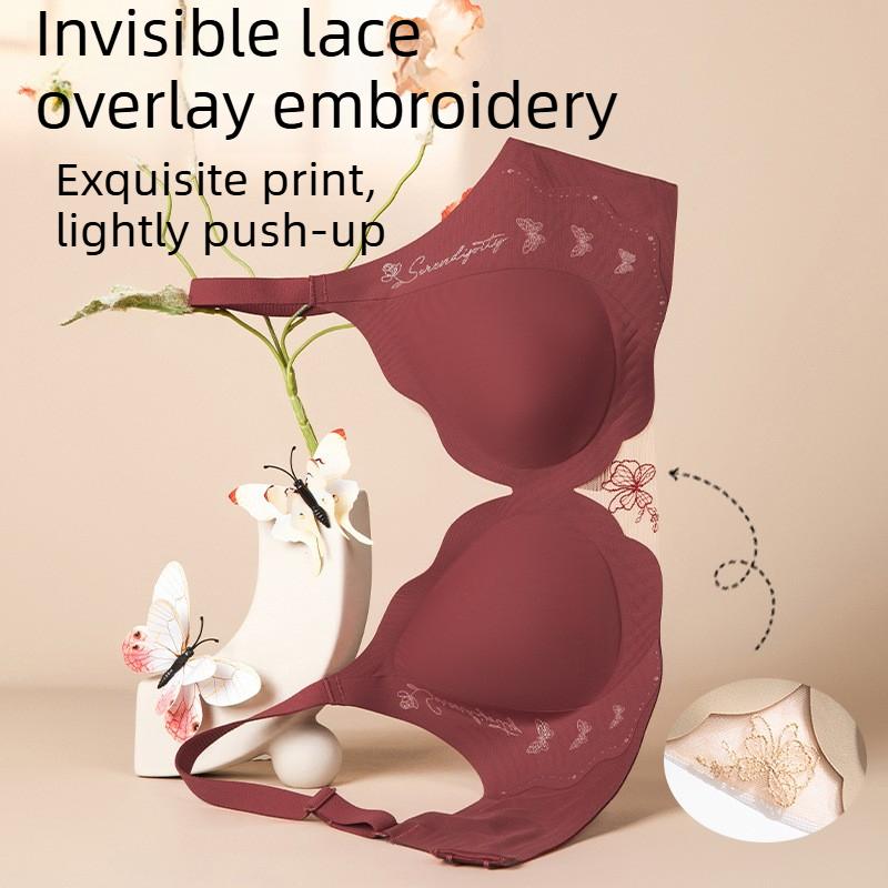 Seamless Soft Support Cup Bra, Sexy Deep V Simple Glossy Lace Butterfly Bra