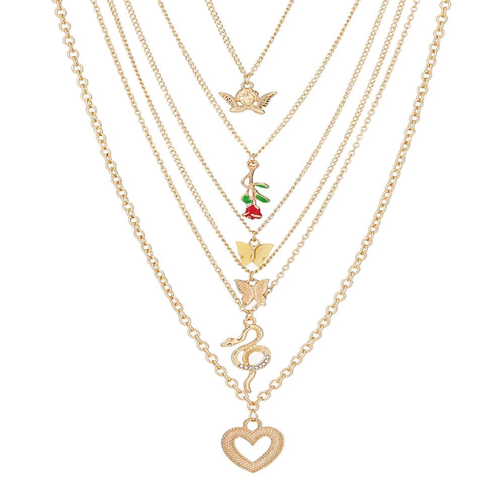 Elegant Heart Shaped Butterfly Rose Pendant Necklace With Dazzling Gold Finish For Women