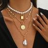 Vintage Layered Pearl Necklace For Women Gold Plated Multi Layer Chain Choker With Heart Lock Pendant For Party Daily Jewelry