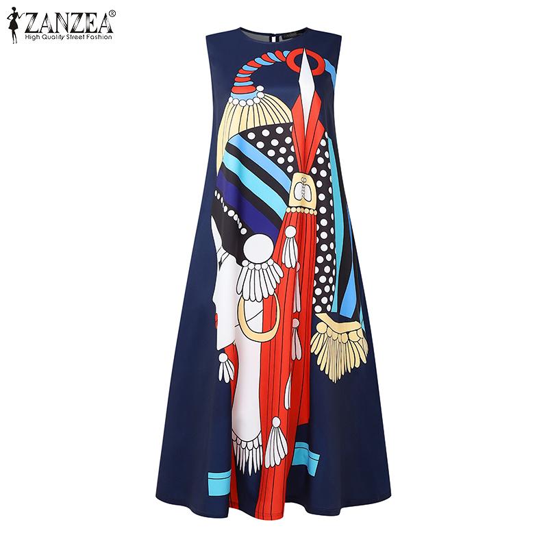 ZANZEA Women Printing Casual Round Neck Sleeveless Summer Dress