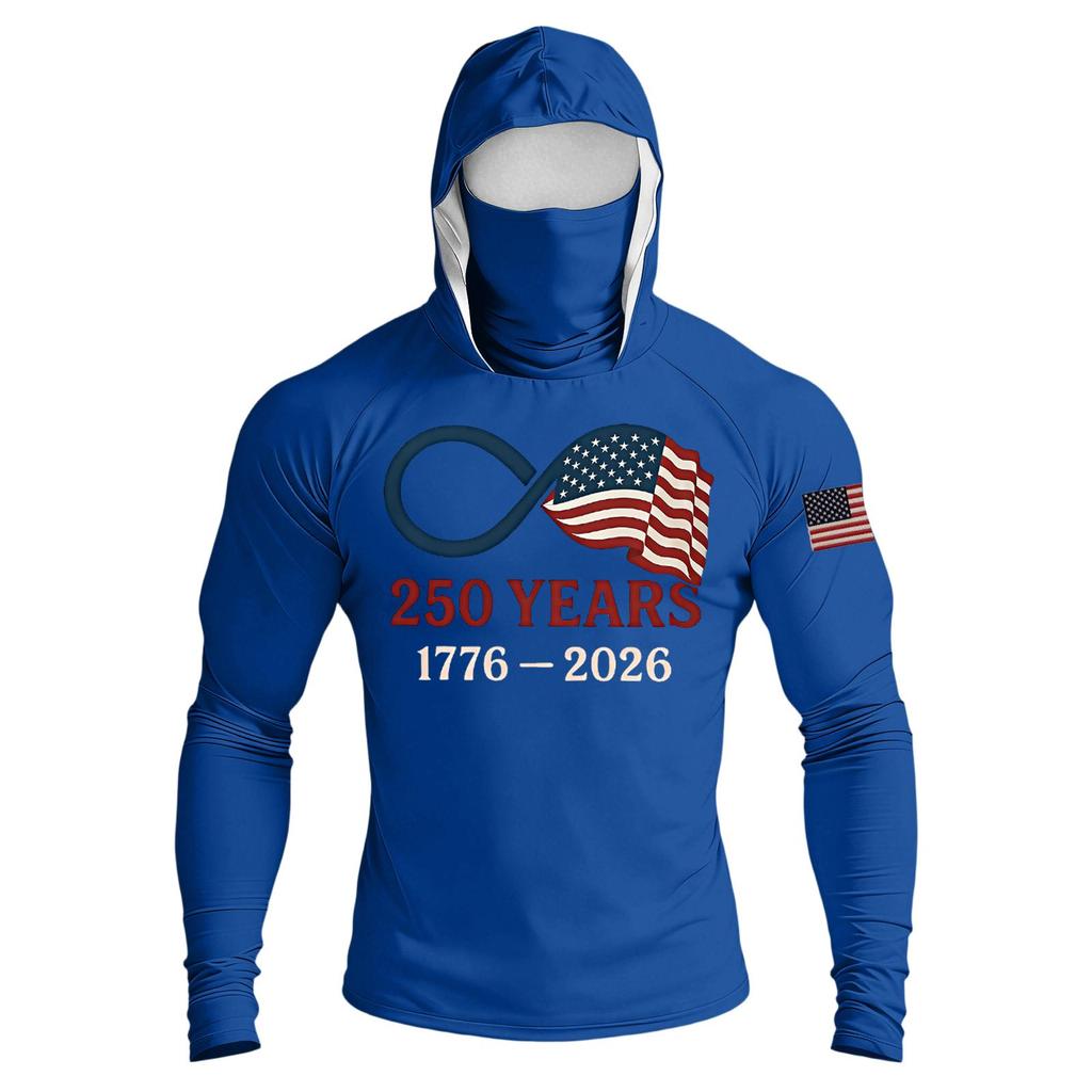 Men's Raglan Sleeve Hooded Long Sleeve Sun Top with Printed Front and Sleeve Design for Outdoor Activities