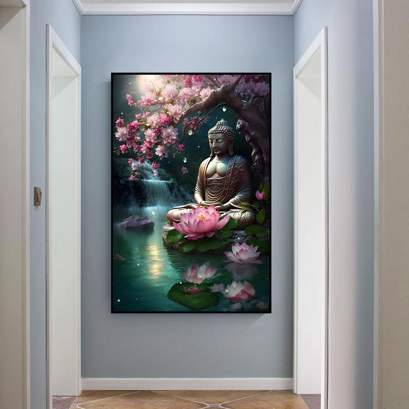 

Винтажная картина на холсте с изображением Будды, плакат с цветущей вишней, настенное искусство, храм, Золотая статуя Будды, принты, декор для офиса и гостиной 21x30cm No Frame