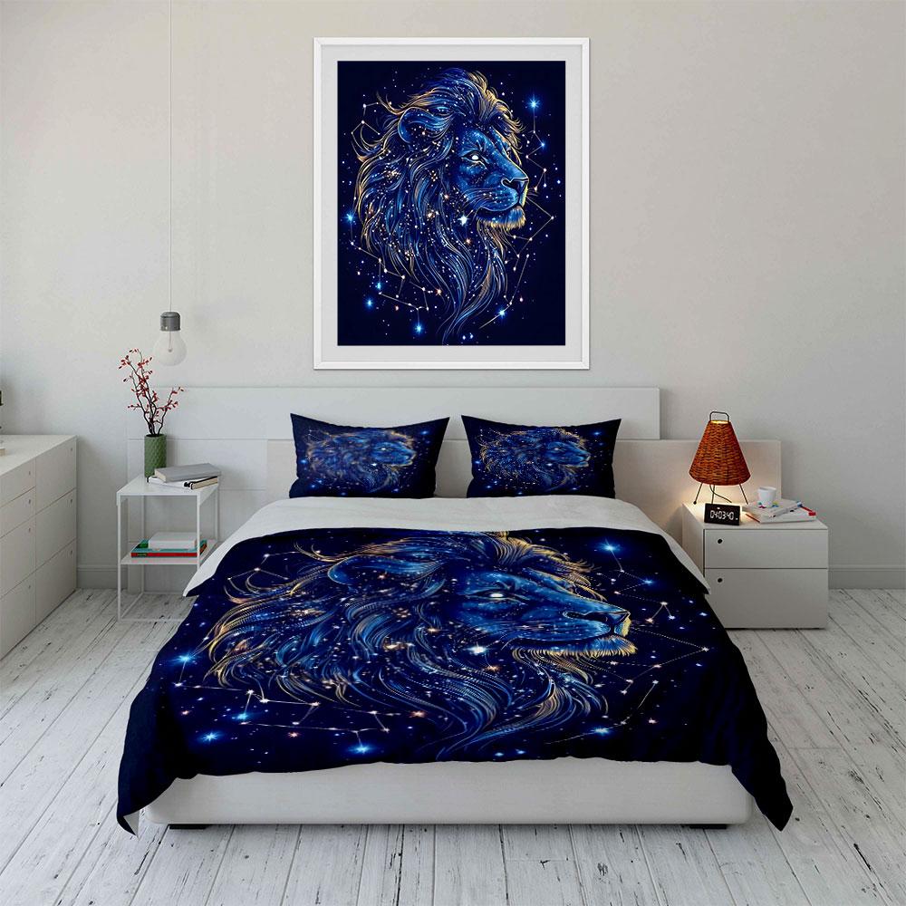 Blue Lion In Starry Sky Bedding Set For Kids Luxury Gift 3Pcs Digital Print Comforter Set Soft Comfortable Breathable