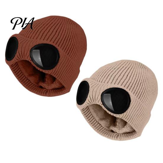 Warm Hat for Most Head Sizes 2Pcs Fleece Lined Hats with Goggles, Winter Knit Casual Accessory Outdoor Activities Hats, Windproof Skiing Caps