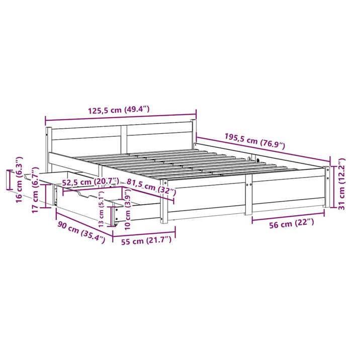 VidaXL Cadre de lit avec tiroirs 120x190 cm bois de pin massif, sommier, cadre de lit double, cadre de lit en bois massif, 3301676
