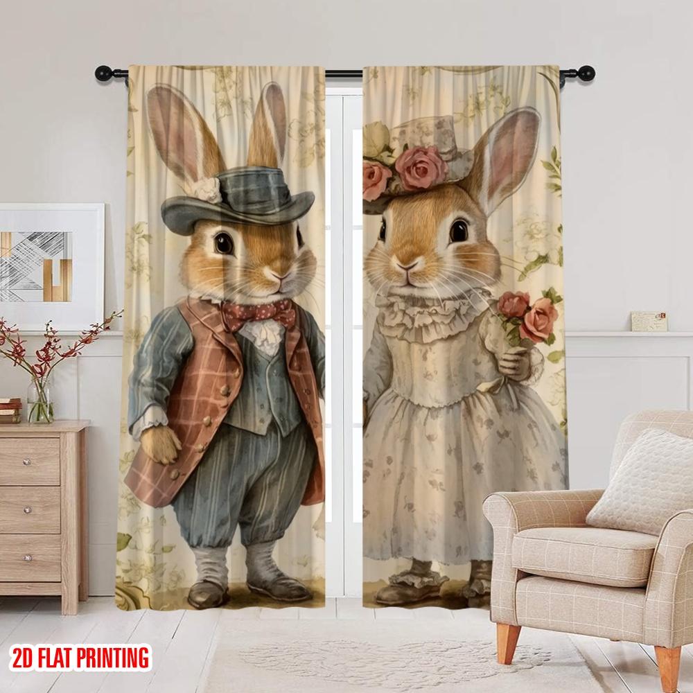 2pcs,2D plane printing Curtains Bunny Wedding Bliss Versatile 100% Polyester (without rod) Room Decor Ldeal for Living Room and