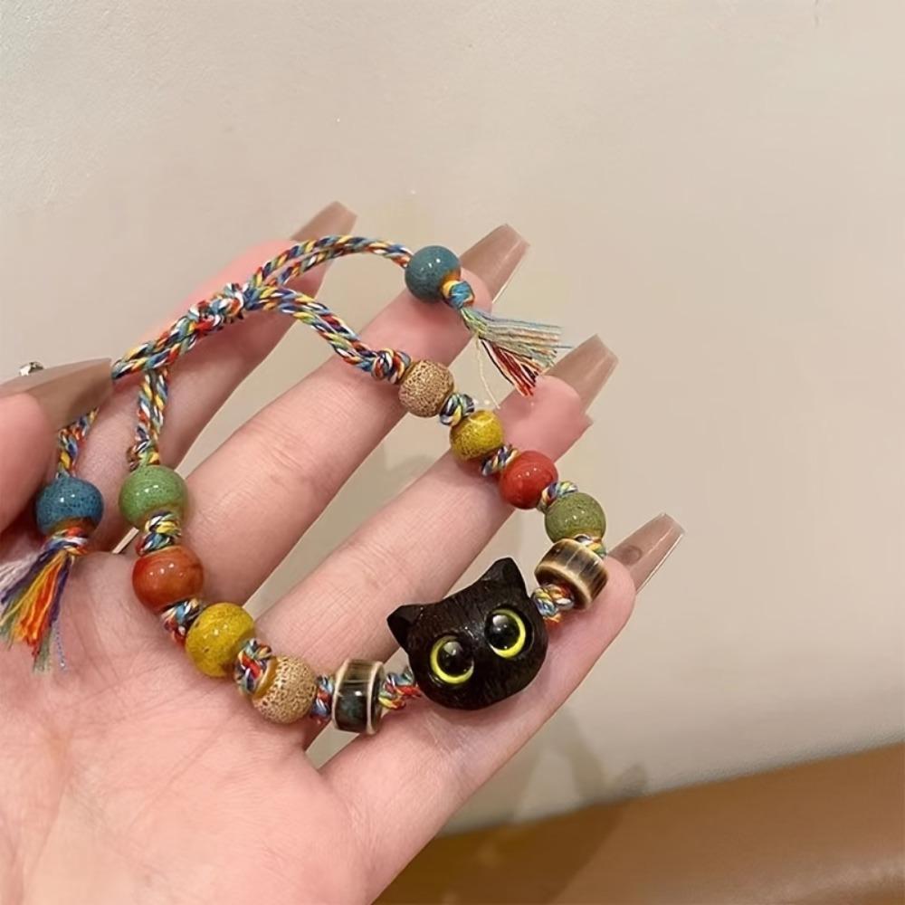 1 cute big eyed black cat pendant bead bracelet with colorful beads, a holiday gift for ladies