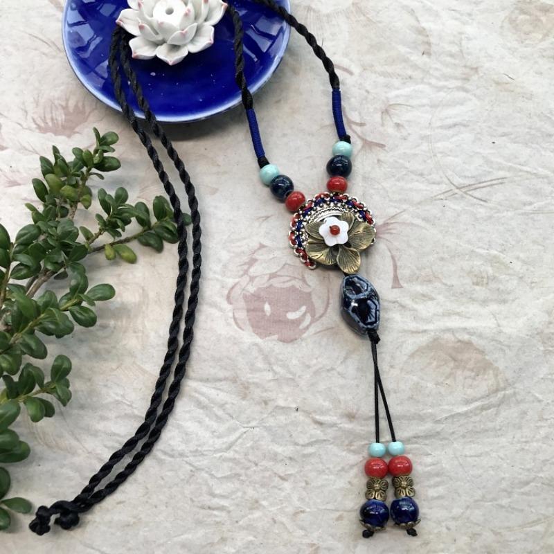 New Forest handmade ceramic necklace, women's retro versatile sweater chain simple long accessories pendant
