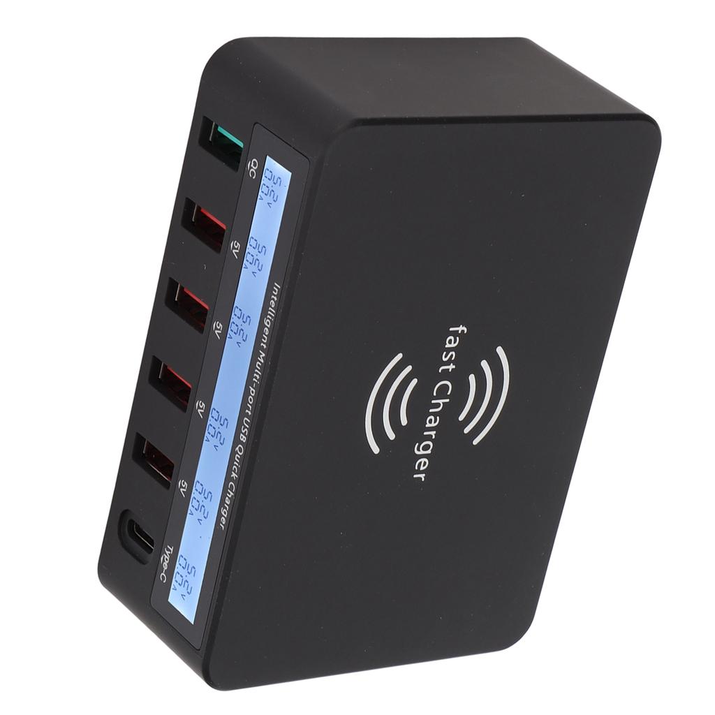 USB Phone Charging Station Block 40W 6 Port QC 3.0 Charging Hub Wireless Charging Base with LCD