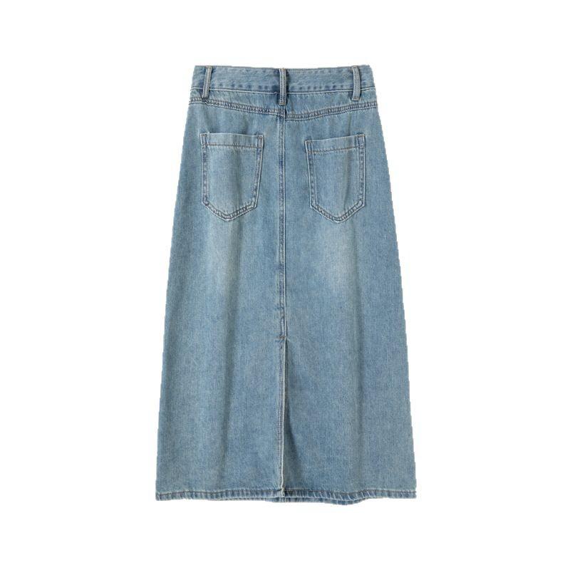 Light Blue High-Waist Slit A-line Denim Skirt for Women - 2025 Casual Mid-Length Slimming Design