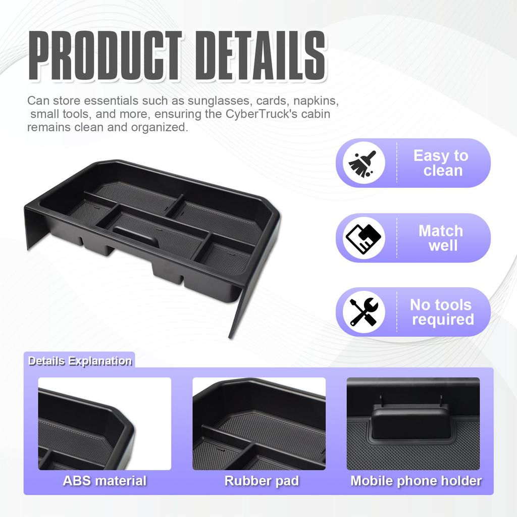 Center Console Organizer Behind Screen Dashboard Storage Box Tray for Tesla Cybertruck 2025+ Dash Board Car ABS Accessories Box