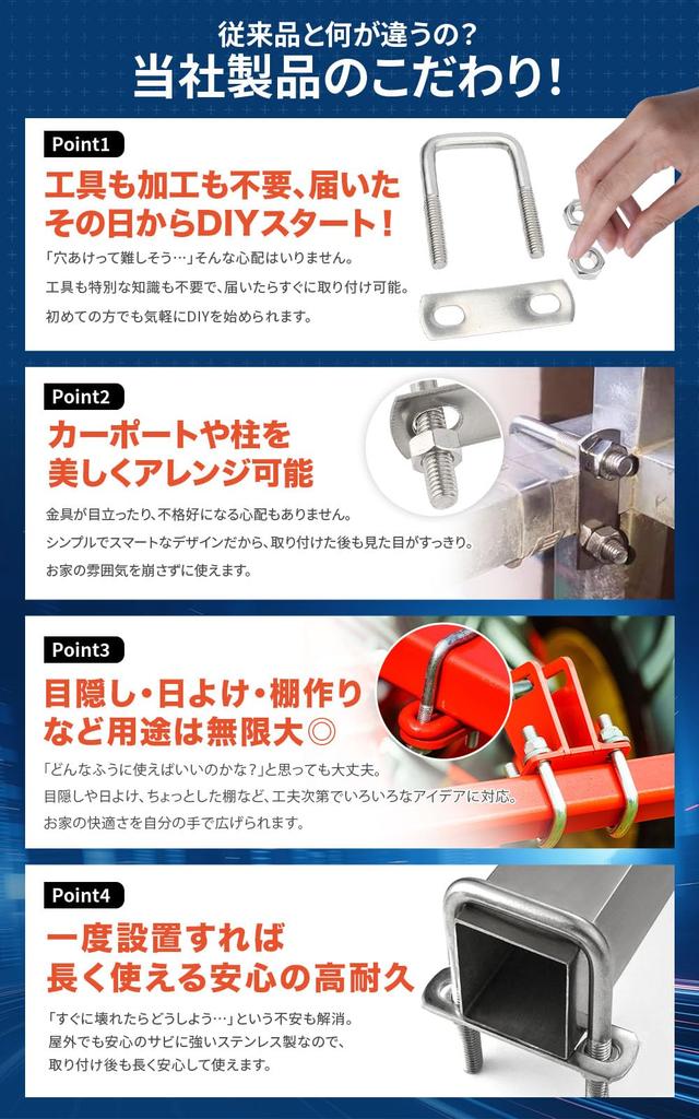 PLEAVIT Carport Pillar Fixing Brackets, U-Bolts, U-Bolts, Square Column Brackets, Stainless Steel, M6x40mmx80mm X 2-Piece Set