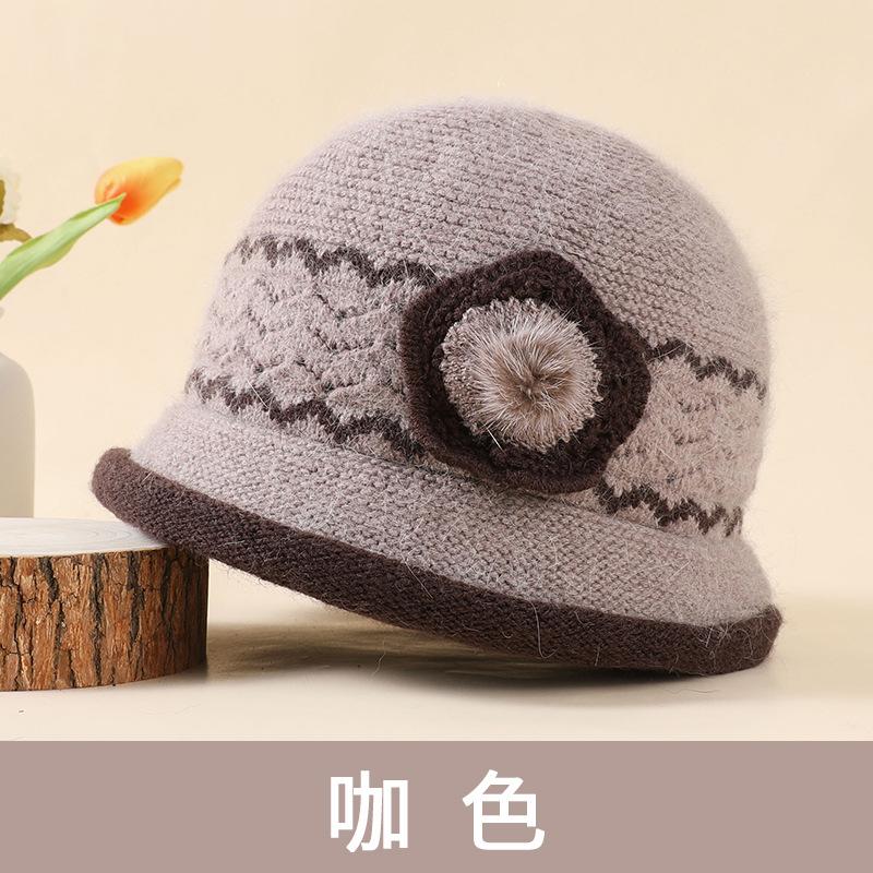 Wool Basin Hat Women's Autumn and Winter Rabbit Hair Blended Velvet Elegant Flower Mother Hat Elderly Warm Knitted Hat