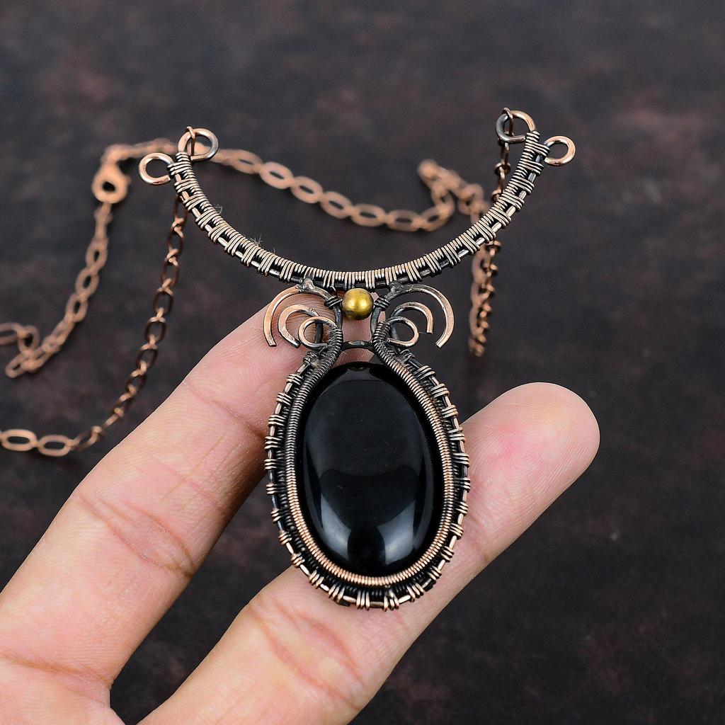 Black Onyx Necklace Copper Wire Wrapped Necklace Adjustable Necklace Copper Wire Wrapped Jewelry Gemstone Handmade Necklace Jewelry For Gift