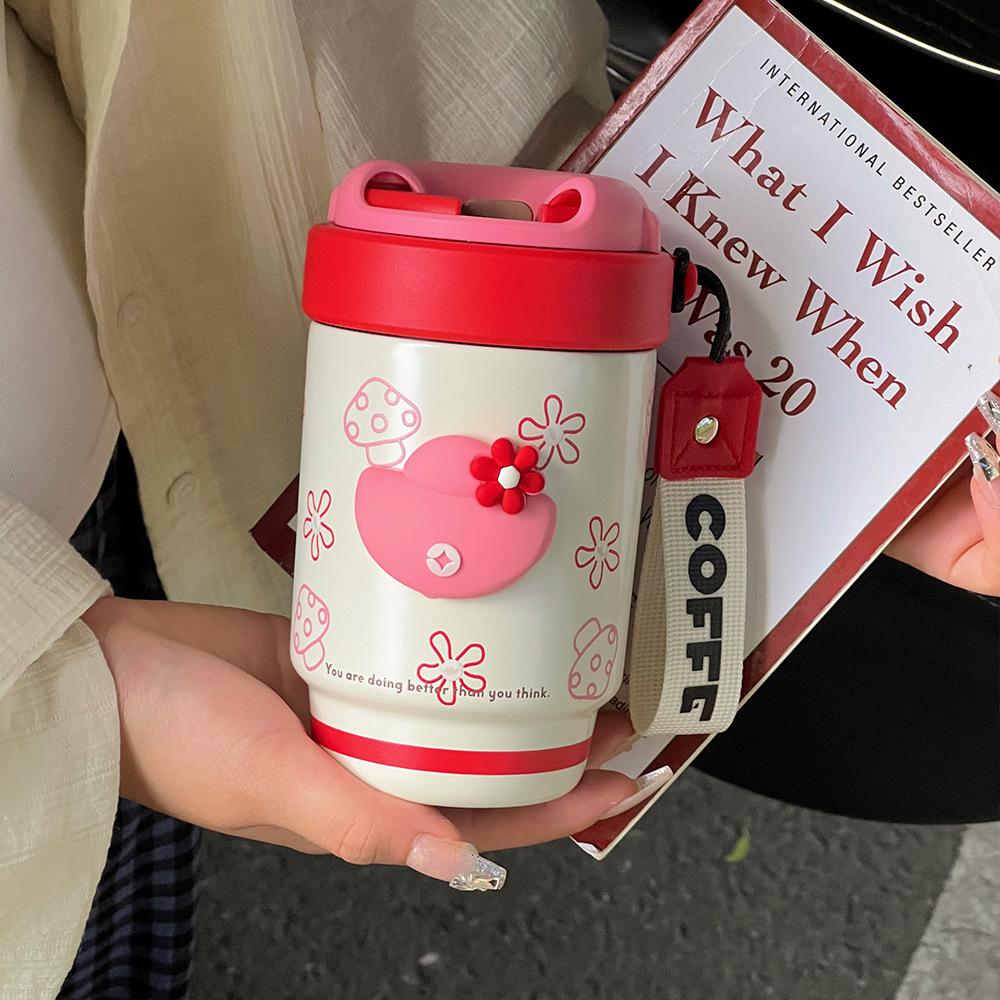 New Portable Double Drink Coffee Cup with Lifting Rope High Value Straw Cup Ceramic Inner Tank Gift Thermos Cup