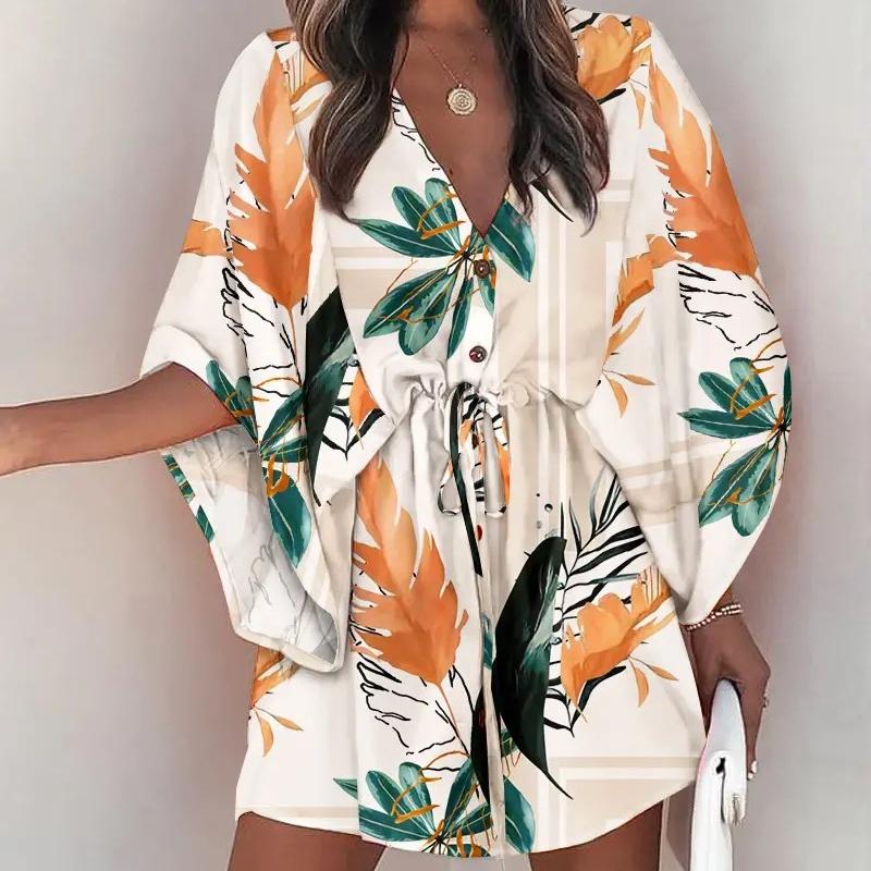 BITCED Women's Summer Batwing SleeveV-neck Lace-up Casual Resort Dresses