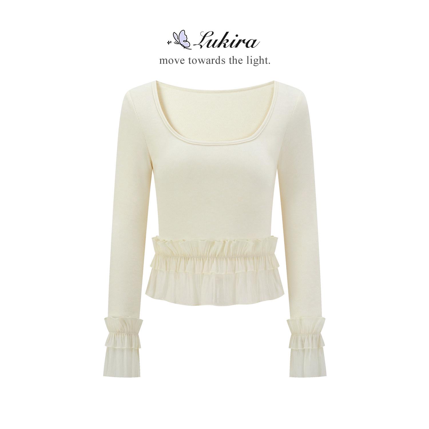 

Korean Ruffle Mesh Patchwork Long Sleeve Slimming Top for Women - Petite Trendy Autumn/Winter Style Large