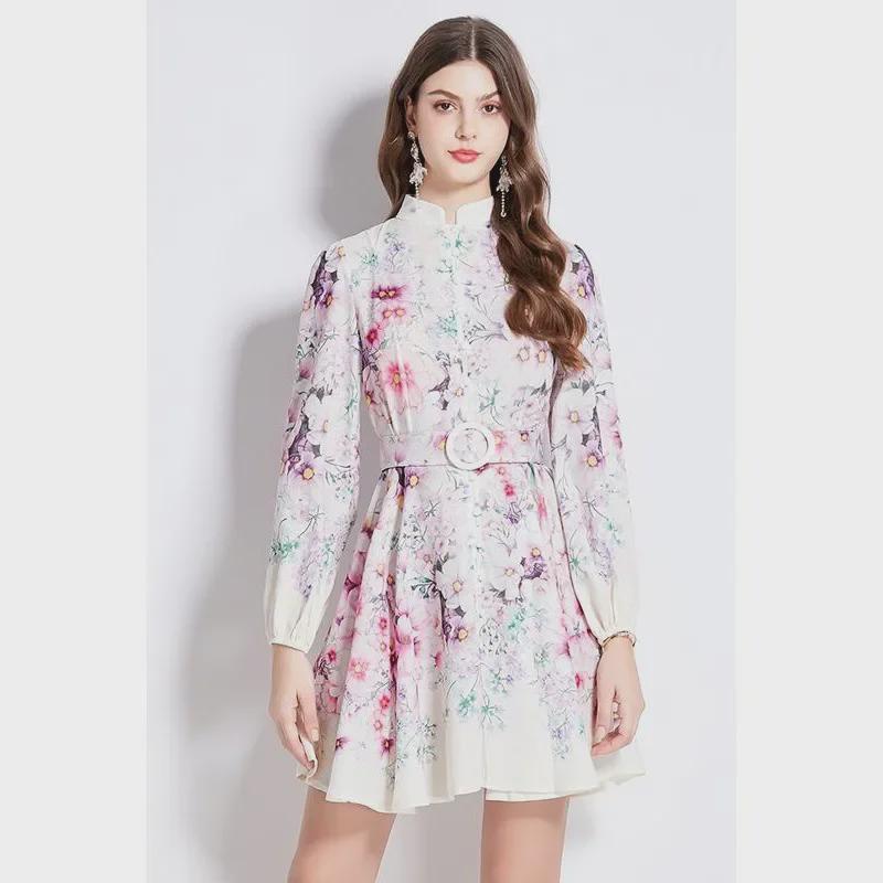 

2024 Ethnic Floral A-Line Dress with Stand-up Collar & Lantern Sleeves L абрикосовый