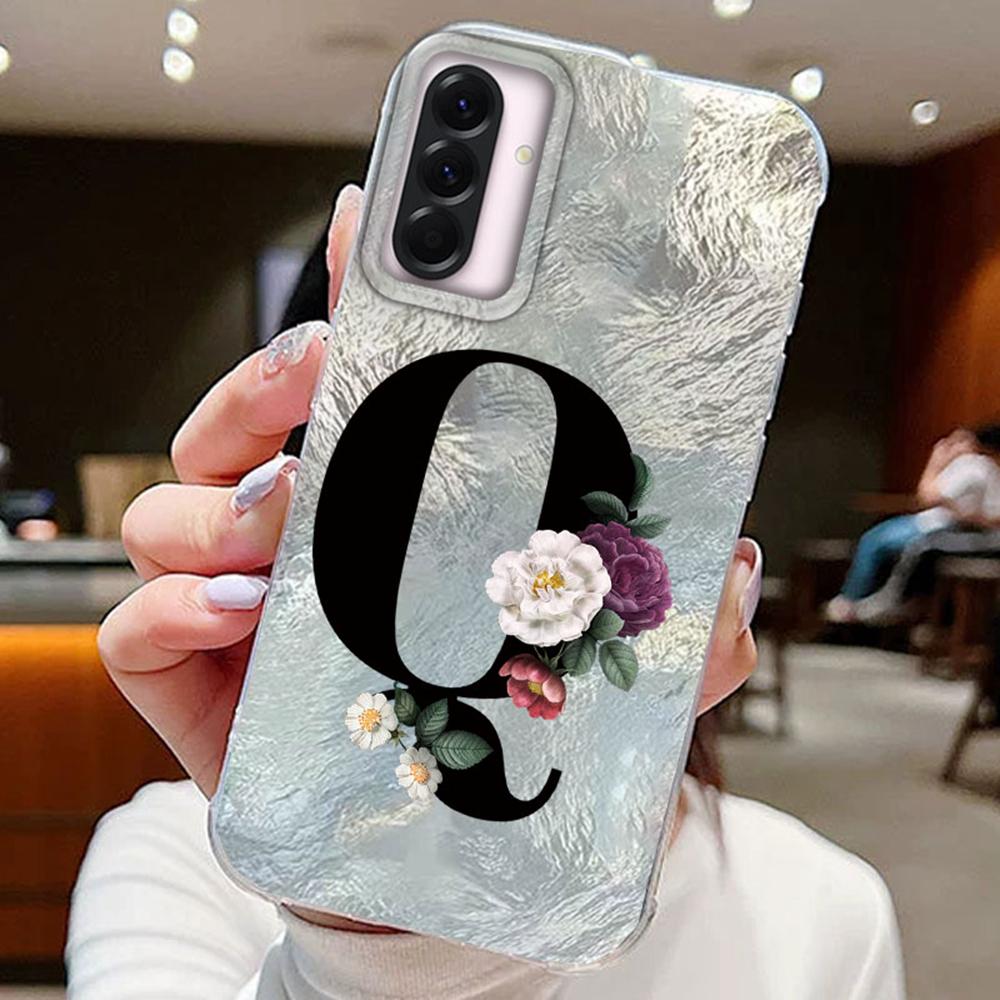 Black A-Z Letter Flower Laser Gradient For Samsung Galaxy A16 A36 A56 Phone Cases Cover Silicone Clear Soft Protect Back Bumper Hard PC Back Cover